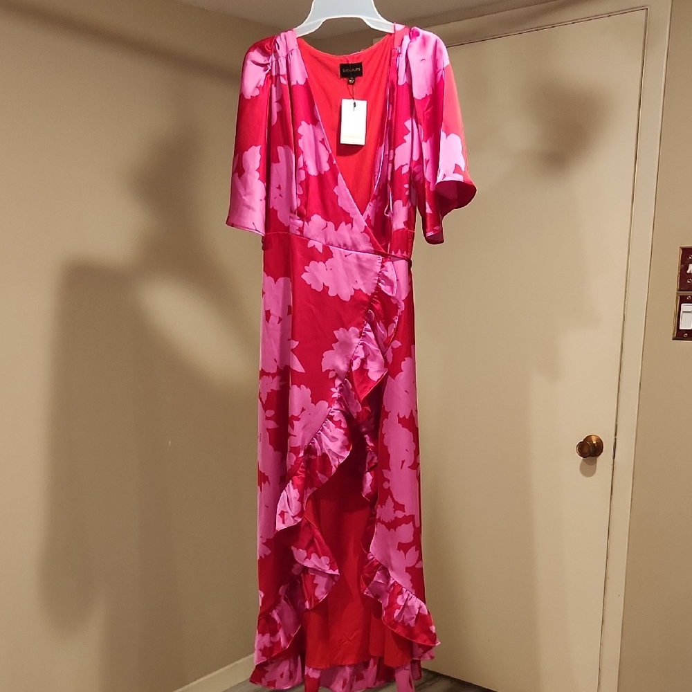 Sugarlips Hot Pink and Light Pink Floral Ruffle Wrap Maxi Dress